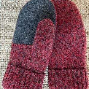 100% Felted Shetland Wool Mittens handcrafted from repurposed sweater - red/gray
